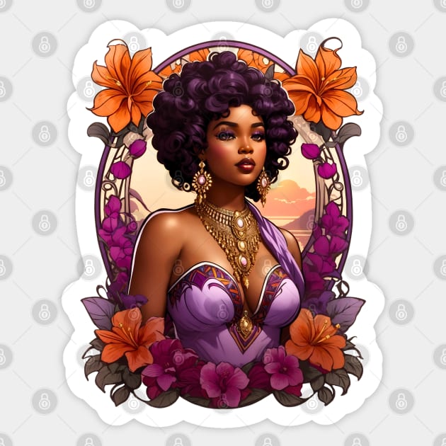 Black Woman in Amethyst Dress retro vintage floral design Sticker by Neon City Bazaar